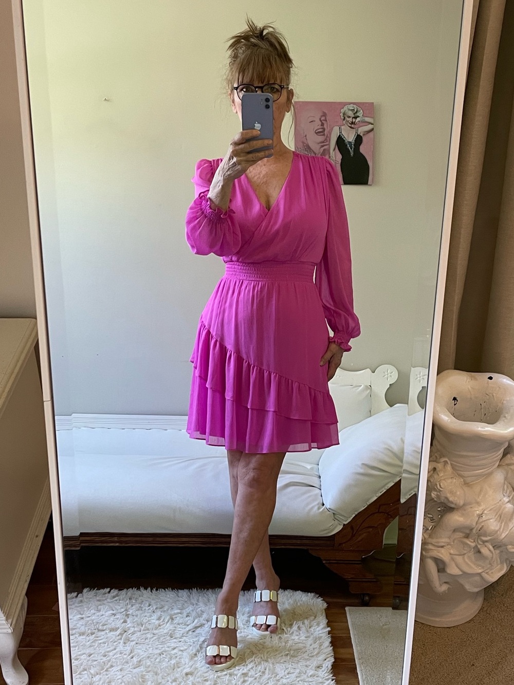 NWT DKNY PINK SHEER SMOCKED LONG SLEEVE DRESS FAUX WRAP LINED FLOUNCED ZIPPER